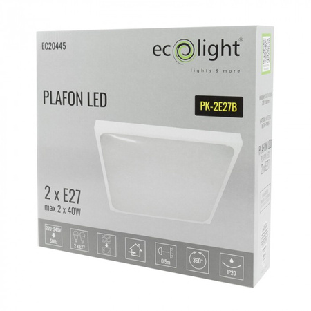Plafond LED-Anbauleuchte 2x E27 Weiß Quadratisch Ecolight