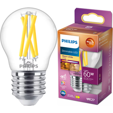 LED-Kugelbirne E27 P45 5,9W = 60W 806lm 2700 warmes Filament PHILIPS dimmbar