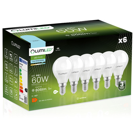 6x LED Lampen E14, Glühbirne P40 8W = 60W 806lm 180° 6500K kalt LUMILED