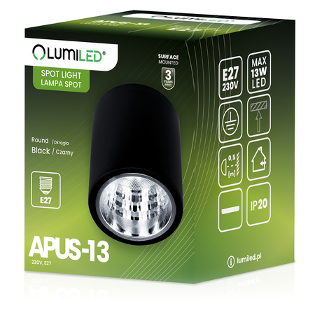 Aufbauleuchte E27, Aufbauspot Runde Tube Schwarz Fest APUS 13 LUMILED