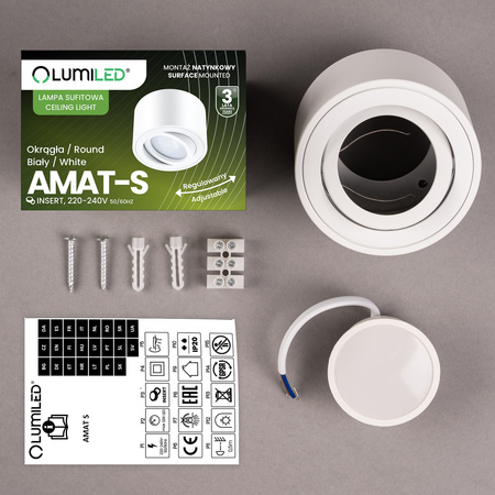 Halogen-Aufbauleuchte, Aufbauspot 50mm Runde Tube Weiß AMAT-S+LED-Einsatz 5W 3000K LUMILED