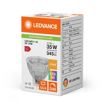 LED Lampen MR11 GU4 4.5W = 35W 345lm 2700K Warmweiß 12V FILAMENT DIMMABLE LEDVANCE