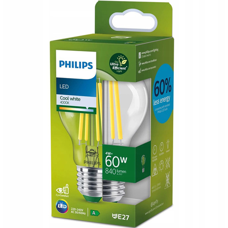 E27 A60 LED Lampen 4W = 60W 840lm 4000K Neutralfaden PHILIPS Ultra Efficient