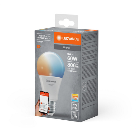 E27 A60 LED Lampen 9W 806lm SMART+ WiFi CCT Dimmbar Classic LEDVANCE