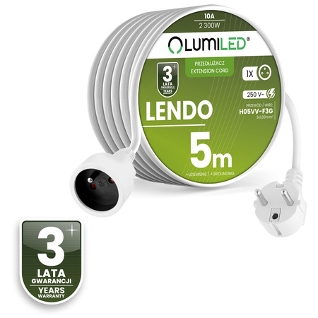Netzverlängerungskabel geerdete Steckdosenleiste 1 Steckdose 5m weißes Kabel Lendo Lumiled