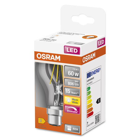 LED-Lampe A60 B22d 7W = 60W 806lm 2700K Warm 300° Dimmbar Retrofit Glühfaden CLASSIC Osram