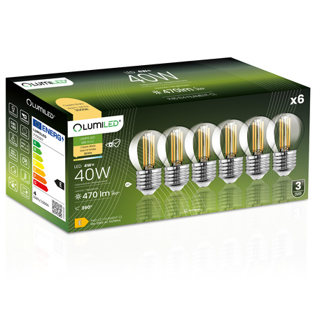6x LED-Lampe E27 Ball P45 4W = 40W 470lm 3000K Warm 360° FILAMENT LUMILED