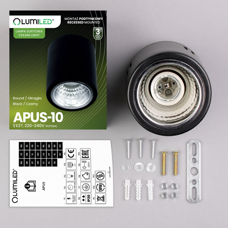 Aufbauleuchte E27, Aufbauspot Runde Tube Schwarz Fest APUS 10 LUMILED