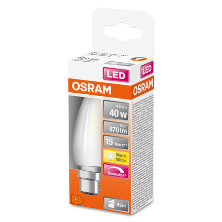 LED-Lampe B35 Kerze B22d 4.8W = 40W 470lm 2700K Warm 300° Dimmbar Retrofit Glühfaden CLASSIC Osram