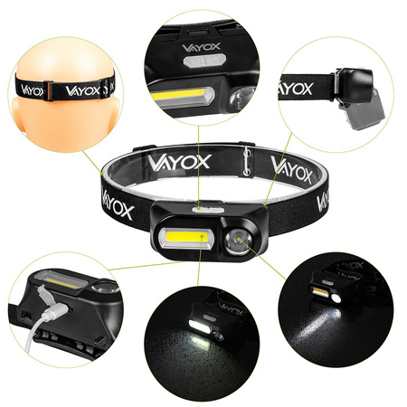 Wiederaufladbare Kopftaschenlampe 250lm XPE + COB LED 7 Modi VAYOX