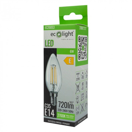 LED Birne Kerze B35 E14 6W 720lm 2700K Warm FILAMENT Ecolight