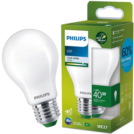 E27 A60 LED Lampen 2,3 W = 40 W, 485 lm, 4000 K, neutrales Filament, milchig, PHILIPS, ultraeffizient