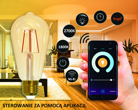 E27 ST64 LED Lampen 5,5 W 470 lm 1800 K-2700 K 320° Filament GOLDLUX (Polux) Smart WiFi TUYA