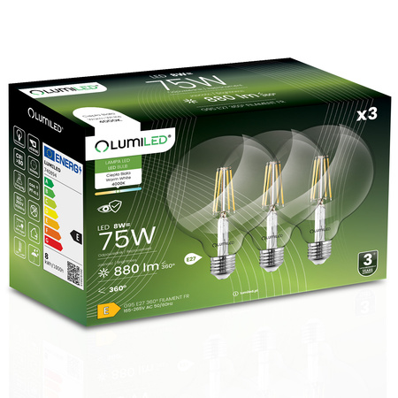 3x LED Lampen E27, Glühbirne G95 8W = 75W 4000K neutral Globe Glühfaden LUMILED