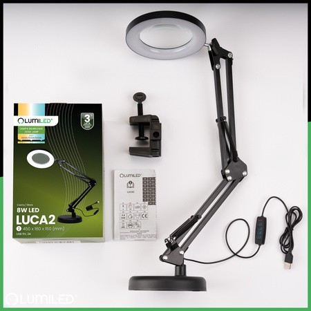 Schreibtischlampe LED 8W CCT Zeichnung Tischlampe 3x Vergrößerungsglas LUCA 2 Schwarz LUMILED