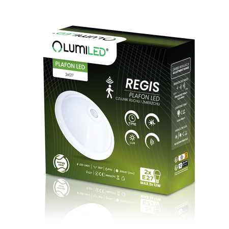 LED-Deckenleuchte 2xE27, Aufputzleuchte mit Bewegungs- und Dämmerungssensor 38cm Runde Weiß REGIS LUMILED