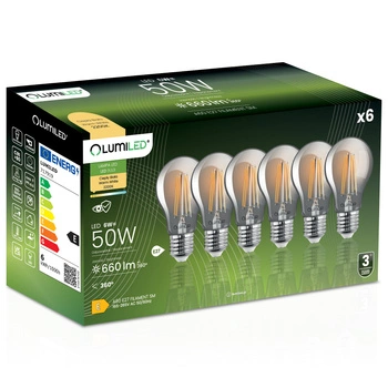 6x LED-Lampe E27 A60 6W = 50W 660lm 2200K Warm 360° DIMMION FILAMENT LUMILED
