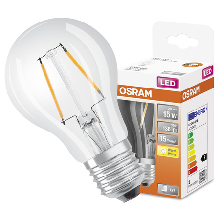 LED Leuchtmittel E27 A60 CL 2W = 15W 136lm 2700K Warm 300° OSRAM STAR Filament