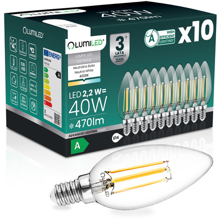 10x LED-Glühbirne E14 Kerze B35 2.2W 470lm = 40W 4000K Neutral 360° Filament CLASS A LUMILED