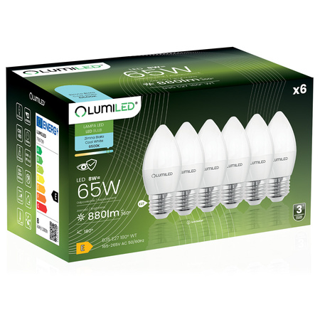 6x LED E14 CANDLE 8W = 60W 6500K Cold White CCD LUMILED Glühbirne