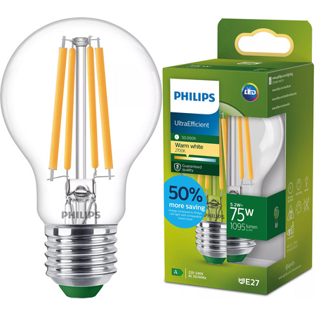 E27 A60 LED Lampen 5,2 W = 75 W, 1095 lm, 2700 K, warmes Filament PHILIPS, ultraeffizient