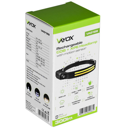 Wiederaufladbare Stirnlampe 2x COB + XPE VA0129 VAYOX