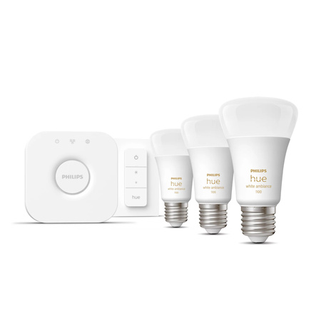 3PAK LED-Glühbirne E27 A60 8W CCT PHILIPS HUE White & Ambiance Bluetooth Zigbee + Hue Bridge + Dimmschalter