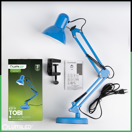 Schreibtischlampe E27, Zeichentisch-Schreibtischlampe mit Tischklemme Blau TOBI LUMILED