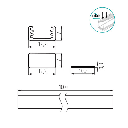Aluminium-Aufbauprofil PROFILO B 1m Silber mit mattierter Blende und Endkappen KANLUX