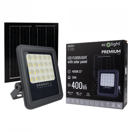 LED-Flutlicht Solar Reflektor 50W 900lm 4000lm Neutral IP65 mit Dämmerungssensor + Ecolight Fernbedienung