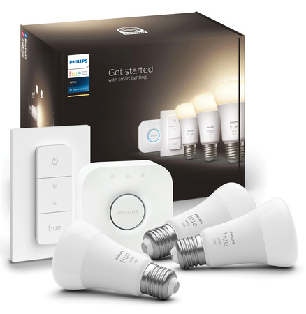 3PAK LED-Glühbirne E27 A60 9.5W 2700K Warm PHILIPS HUE Weiß Bluetooth Zigbee + Hue Bridge + Dimmschalter
