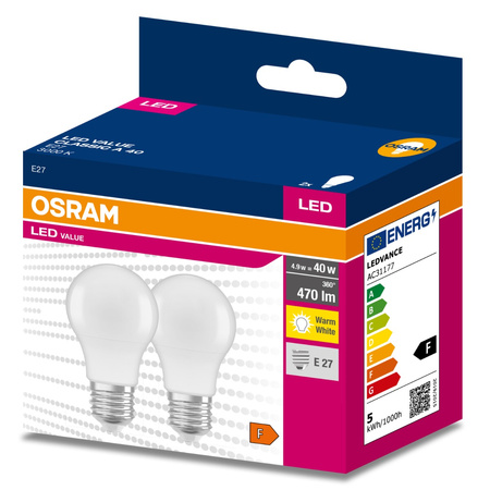 2x LED Lampe E27 A60 4,9W = 40W 470lm 3000K Wärme 200° OSRAM VALUE