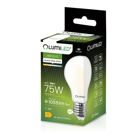 LED Lampen E27, Glühbirne A60 8W = 75W 1055lm 360° 4000K neutral Glühfaden Milch LUMILED