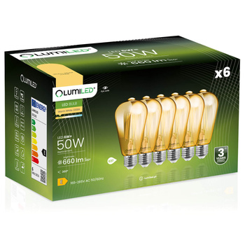 Set mit 6 Edison LED Lampenn ST64 E27, 6 W = 50 W, 660 lm, 2200 K Wärme, 360° AMBER LUMILED Filament