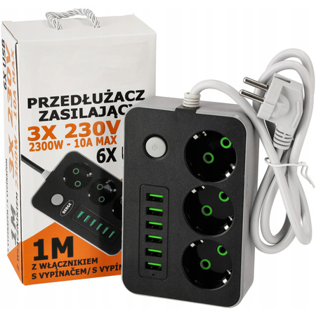 Stromverlängerungskabel Stecker - 3x Buchse + 6x USB mit Erdung und Schalter Steckdosenleiste 1m 3x1mm 16A Schwarz/Grau