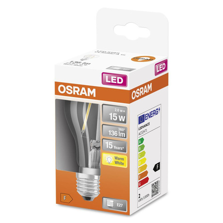 LED Leuchtmittel E27 A60 CL 2W = 15W 136lm 2700K Warm 300° OSRAM STAR Filament
