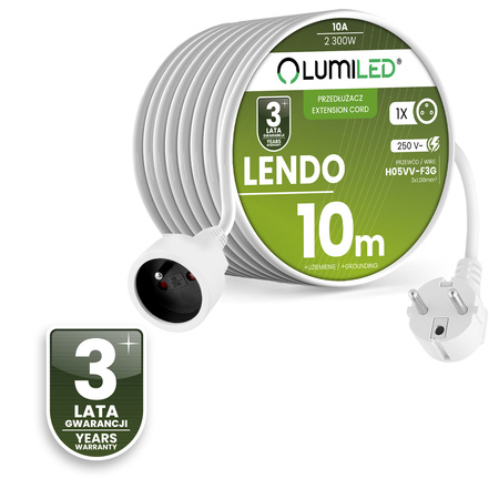 Netzverlängerungskabel Geerdete Steckdosenleiste 1 Steckdose 10m Weißes Kabel Lendo Lumiled