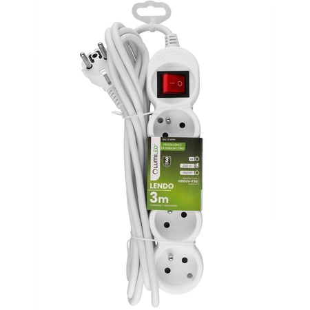 Netzverlängerungskabel Geerdete Steckdosenleiste 4 Steckdosen 3m ON/OFF Schalter Weißes Kabel Lendo Lumiled