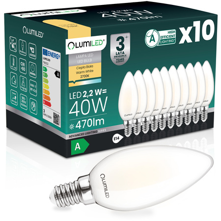 10x LED-Lampe E14 Kerze B35 2.2W 470lm = 40W 2700K warmweiß 360° Filament Energieklasse A LUMILED