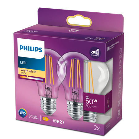Set mit 2x LED-Glühbirne E27 A60 7W = 60W 806lm 2700K Warmfilament PHILIPS