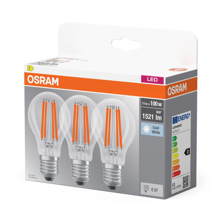 3x LED Lampen E27 A60 CL 11W = 100W 1521lm 4000K Neutral 300° Filament OSRAM BASE