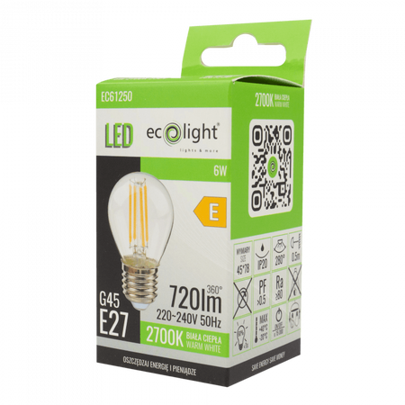 LED Birne Kugel P45 E27 6W 720lm 2700K Warm FILAMENT Ecolight