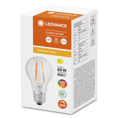 E27 A60 LED Lampen 5,8 W = 60 W 806 lm 4000 K Neutral 300° CRI90 Filament dimmbar LEDVANCE Superior