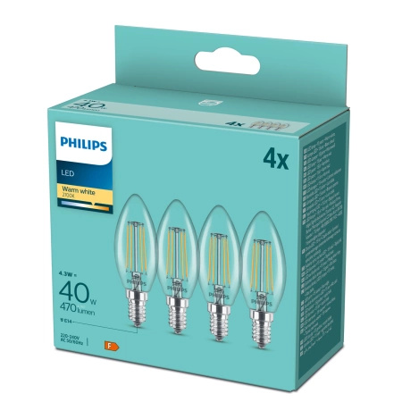 4x LED-Lampe E14 Kerze B35 4.3W = 40W 470lm 2700K Warm 300° FILAMENT Essential Philips