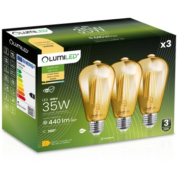 3x LED Birne E27 Edison ST64 4W = 35W 440lm 2000K Warm 360° FILAMENT LUMILED
