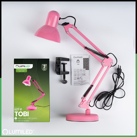Schreibtischlampe E27, Zeichentisch-Schreibtischlampe mit Tischklemme Rosa TOBI LUMILED
