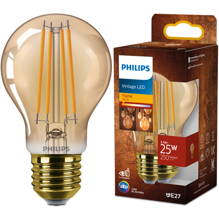 E27 A60 LED Lampen 3,1 W = 25 W, 250 lm, 1800 K, warmes Filament, bernsteinfarben, PHILIPS