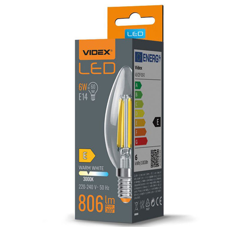 LED Lampen E14 C35 Kerze 6W = 60W 806lm 3000K Warm 360° FILAMENT Videx