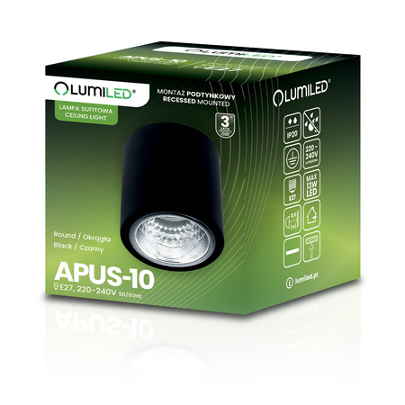 Aufbauleuchte E27, Aufbauspot Runde Tube Schwarz Fest APUS 10 LUMILED