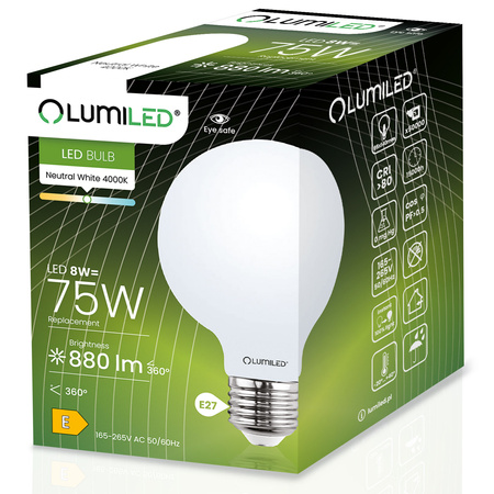 3x LED Lampen E27, Glühbirne G95 8W = 75W 4000K neutral Milch Globe Glühfaden LUMILED